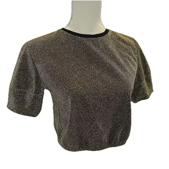 Forever 21 Gold Shimmer Puff Sleeve Crop Top Dress Shirt Size S Sparkle Glam - Picture 3 of 12